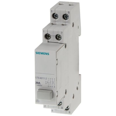 Siemens 5TE4 trykkontakt i grå med 2NO og 2NC kontakter, mærket med 20A og 400V.