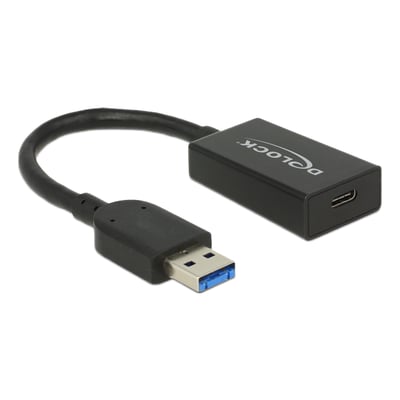 Sort Delock USB-konverter med 15 cm kabel, USB Type-A-hanstik og USB Type-C-hunstik, set skråt forfra.