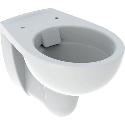 Geberit Bastia væghængt toiletskål i hvid porcelæn, vist fra siden med fokus på den dybtskyllende, Rimfree skål og vægmonteringsdesign.