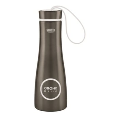 Enkelt billede af Grohe Blue termo drikkeflaske i børstet hard graphite med hvid hank og logo, isoleret på hvid baggrund.