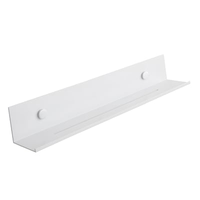 Hvid Svedbergs hylde i aluminium, 650x75x75 mm, med lang bagplade og to runde monteringsdele.