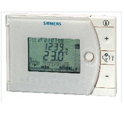 Siemens REV13 rumtermostat med 2-punkts regulering og 24-timers ur, hvid med digitalt display og knapper.
