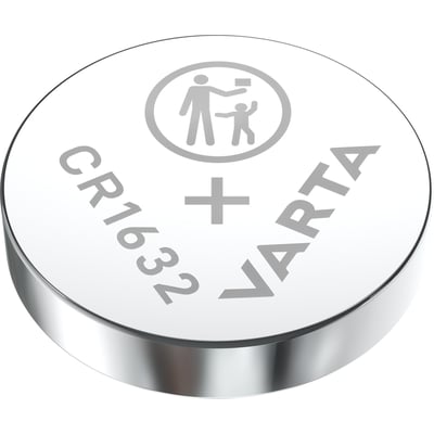 Et Varta CR1632 lithium knapcellebatteri set forfra, med Varta logo og symbol for børnesikkerhed.