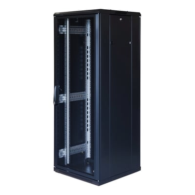 Toten G3 19" gulvskab i sort, 32HE, 600x600mm, med låsbar glasfrontdør og synlige monteringsskinner.