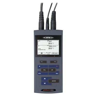 WTW ProfiLine pH/Cond 3320 feltmåler med USB og datalogger viser pH 7.327 og ledningsevne 220 µS/cm.