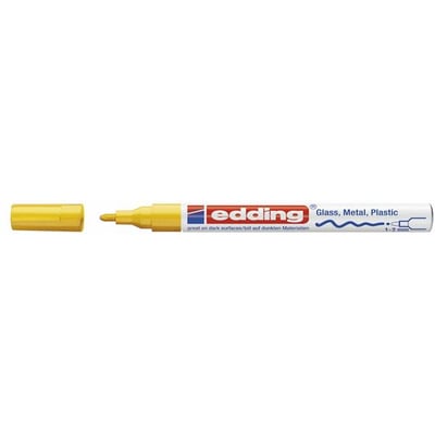 Gul Edding 751 paint marker med rund spids, 1-2 mm, vist fra siden med løs hætte og mærkat.