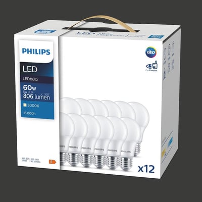 Pakke med 12 Philips LED Standard E27 lyskilder, 8W med 806 lumen og 3000K varmt hvidt lys.