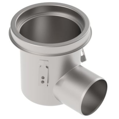 3D-rendering af Blücher Industrial gulvafløb med syrefast stål-finish, ø195mm ramme og ø110mm vandret udløb.