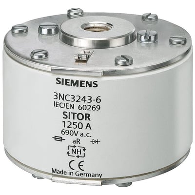 Siemens SITOR sikring 3NC3243-6 NH2 1250A aR med indvendigt gevind og mærkat der angiver 'Made in Germany'.