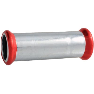 Unico 15mm forzinket dobbeltmuffe til pressfittings med rød EPDM-krave og 15mm rørdimension.