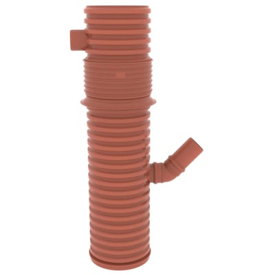 Uponor tagnedløbsbrønd på 315 x 110 mm med vandlås og drejelig top, vist med ribbet rødbrun brønd og skråt sideudløb.