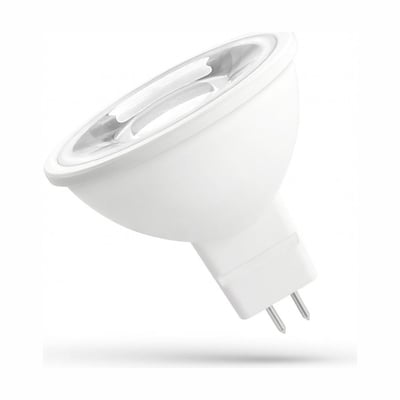 SpectrumLED GU5.3/MR16 LED-pære på 4 W med hvid reflektorskål og to ben ses skråt forfra.