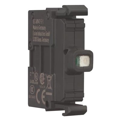 Eaton lampeelement LED M22-LED230TA-W med hvid lysflade og mørkt hus, set skråt fra siden.