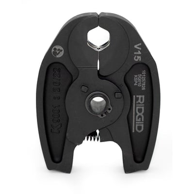 Nærbillede af Ridgid pressbakke V15, der fremhæver V15-mærkning, Ridgid-logo og K9001-kode.