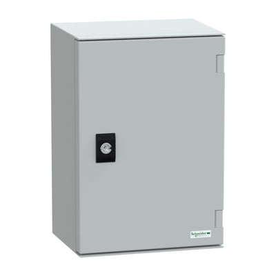 Lukket Schneider Electric vægskab 7035 i RAL7035, med lås og logo, måler 310x215x160mm.