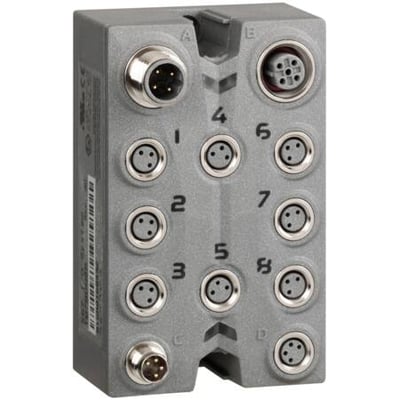 Schneider Electric Modicon TM7 I/O udvidelsesmodul med 8DI, 24VDC, M8 stik og IP67. Modulet er gråt, firkantet og har mange M8 stik til tilslutning af sensorer eller aktuatorer.