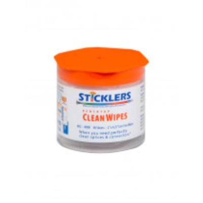 Sticklers Clean Wipes rense-servietter i en hård, gennemsigtig beholder med orange låg, indeholder 90 stk. til rengøring af fiberoptik.