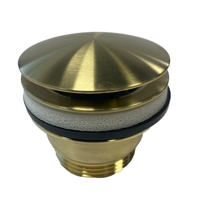 LAVABO bundventil i messing med push-open-funktion og 63 mm diameter, set skråt forfra med rund top og gevind.