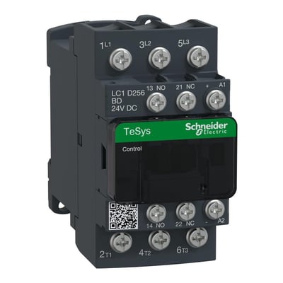 Schneider Electric TeSys D kontaktor på 25A med 3 poler, 24V DC spole og 1NO+1NC kontakter på mørk baggrund.