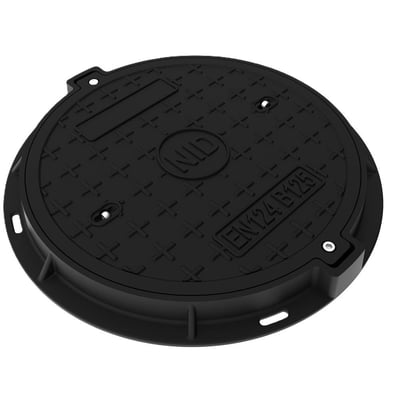 Sort rundt komposit dæksel med fast karm og to skruelåse, Ø425 mm med B125 belastning.