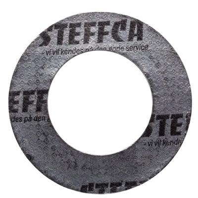 Grå, ringformet flangepakning carb 3/4'' DN20, 60 × 28 × 1,5 mm, med STEFFCA-tryk på overfladen.