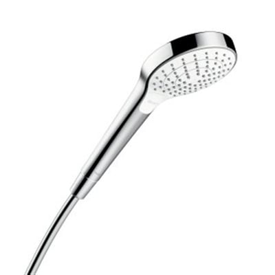 Hansgrohe Croma Select S Vario håndbruser i krom, set fra siden med fokus på design og stråledyser.