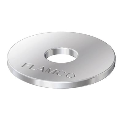 Flamco galvaniseret underlagsskive 10x28 mm med FLAMCO logo indgraveret, vist på hvid baggrund.