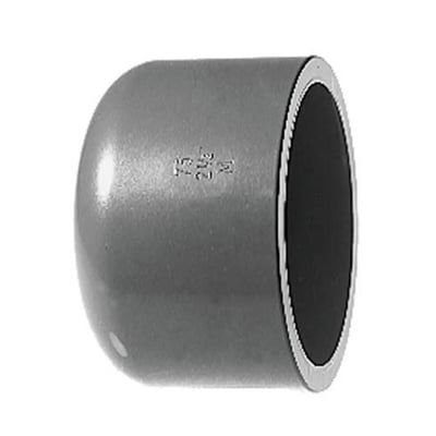 Grå PVC slutmuffe med klæbemuffe og en indvendig diameter på 110 mm, PN 16 bar.