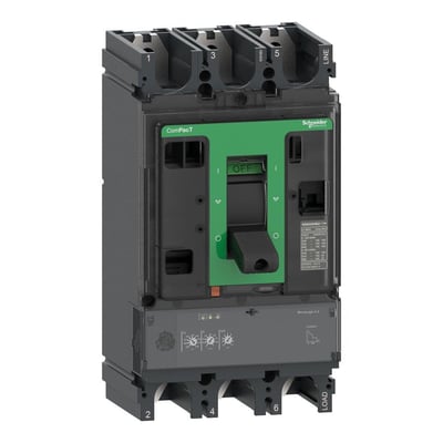 Detaljeret frontbillede af Schneider Electric ComPacT NSX400HB2 maksafbryder, der viser MicroLogic 2.3-relæ og justeringsknapper.