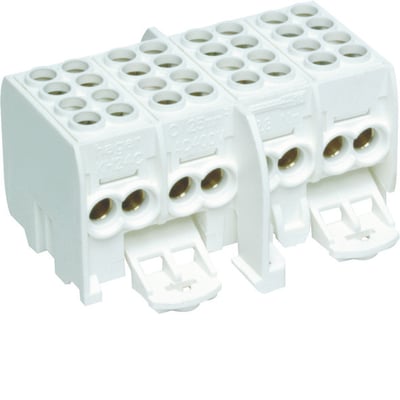 Hager 4-pole sløjfeklemme KH24C til kobberledere, hvid med messingterminaler og klik-monteringsclips.