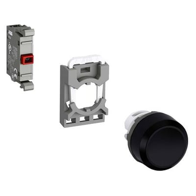 ABB trykknap MP3-40B-01, vist med tilhørende monteringsramme og kontaktmodul i grå og gråhvid plast.