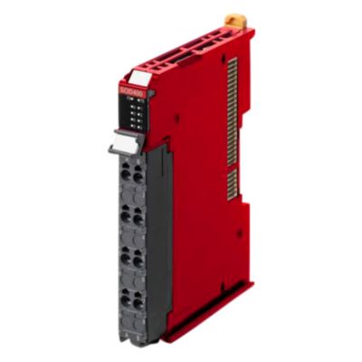 Omron Sysmac safety NX-SOD400 modul med 4 digitale PNP safety udgange, vist i rød med sorte push-in konnektorer på hvid baggrund.