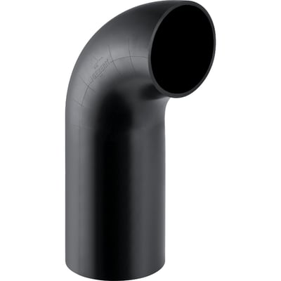 Detaljeret billede af en sort Geberit PEH bøjning med 160 mm diameter og 90 graders vinkel, vist med produktlogo.