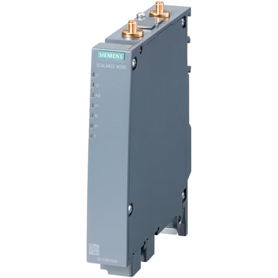 Siemens Scalance W700 IWLAN access punkt med to R-SMA antenne tilslutninger og LED-indikatorer. Fremstillet af grå plastmateriale.
