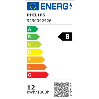 Energimærket for Philips Master LED-rør T8 på 1200 mm viser energiklasse B og et forbrug på 12 kWh/1000 timer.