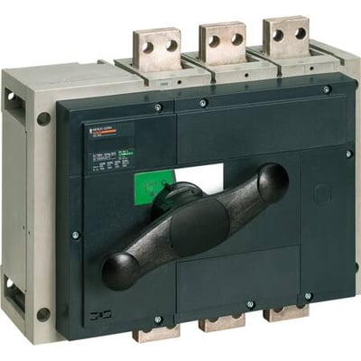 Schneider Electric Compact lastadskiller INS1250 3P med sort håndtag og tre poler på toppen, velegnet til AC og DC netværk.