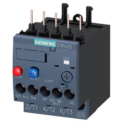 Siemens Sirius 3RU termorelæ i størrelse S00 med indstillingsområde 2,2-3,2A, vist med stop- og reset-knap.