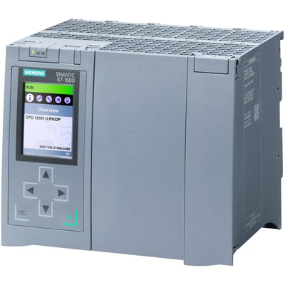 Siemens Simatic S7-1500T CPU 1516T-3 PN/DP central processorenhed med display og knapper på grå baggrund.