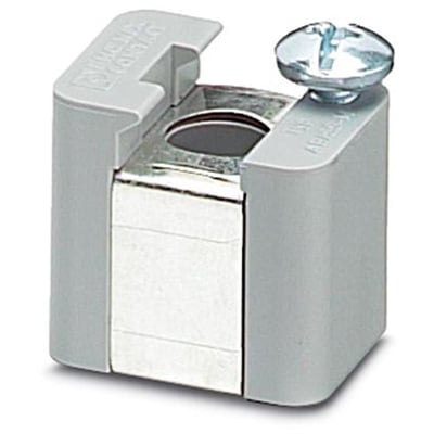 Detaljebillede af Phoenix Contact Montagebuk AB/SS-M, viser låseskruen og monteringsåbningen for 3x10 mm samleskinner.
