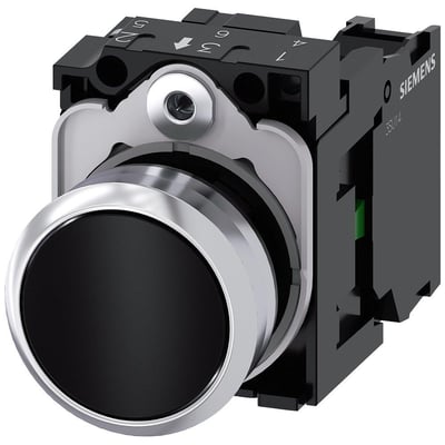 Siemens 22mm trykknap i skinnende sort metal med flad momentan kontakt og medfølgende holder med 1NO skruetilslutning.