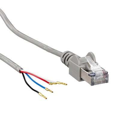 Schneider Electric kommunikationsledning med 0,35 meters længde, med RJ45-stik i grå plast og afisolerede ledere i rød, blå og sort.