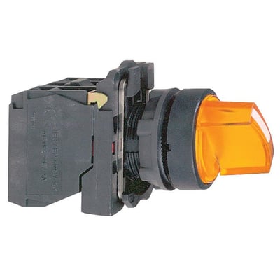Sidebillede af Schneider Electric Harmony Style 5 drejeafbryder med fokus på den orange knap og den sorte monteringsbase.
