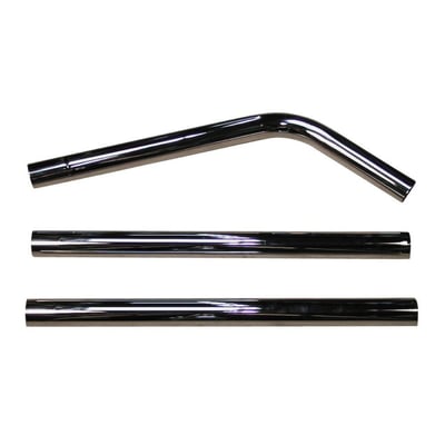 Tre blanke metalrør med en diameter på 36 mm på hvid baggrund. Et rør er bøjet, mens de to andre er lige.