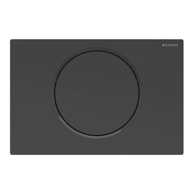Helstøbt Geberit Sigma10 betjeningsplade i sort mat, set frontalt på hvid baggrund med tydeligt Geberit logo.