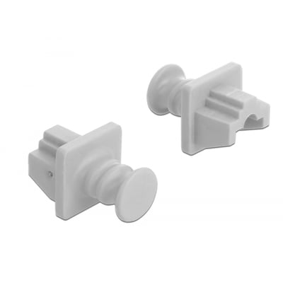 Hvid Delock-støvhætte til RJ45-port, vist fra to vinkler med den runde trækflig og stikdelen.