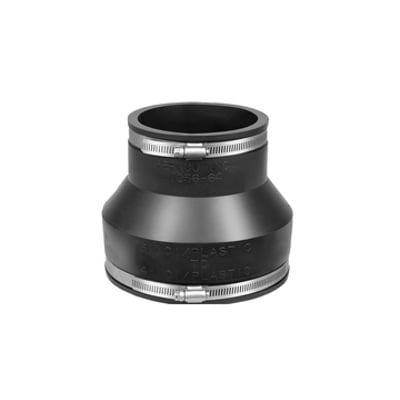 Fernco kobling i sort gummi med 110 mm diameter og metalspændebånd, egnet til støbejern og plastikrør.