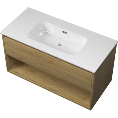 Sanibell Proline møbelsæt i ideal eg, 101x46cm med integreret greb, 1 skuffe og åben hylde.