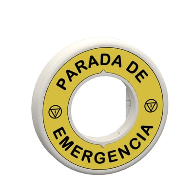 Schneider Electric nødstopsskilt med gul baggrund, spansk tekst "PARADA DE EMERGENCIA" og advarselssymboler. Med indbygget rød LED-ring til Ø22 mm montering.