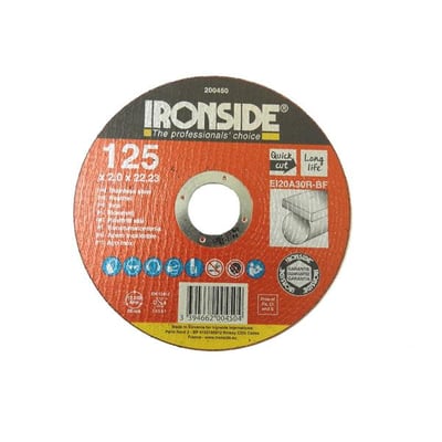 Ironside plan skæreskive til rustfrit stål, 125 x 2,0 x 22 mm, set forfra med rød mærkning.