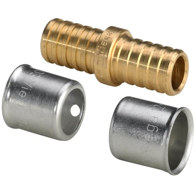 Viega Smartloop reparationskobling i messing med rillede ender, samt to sølvfarvede presringe til 12 mm rør.